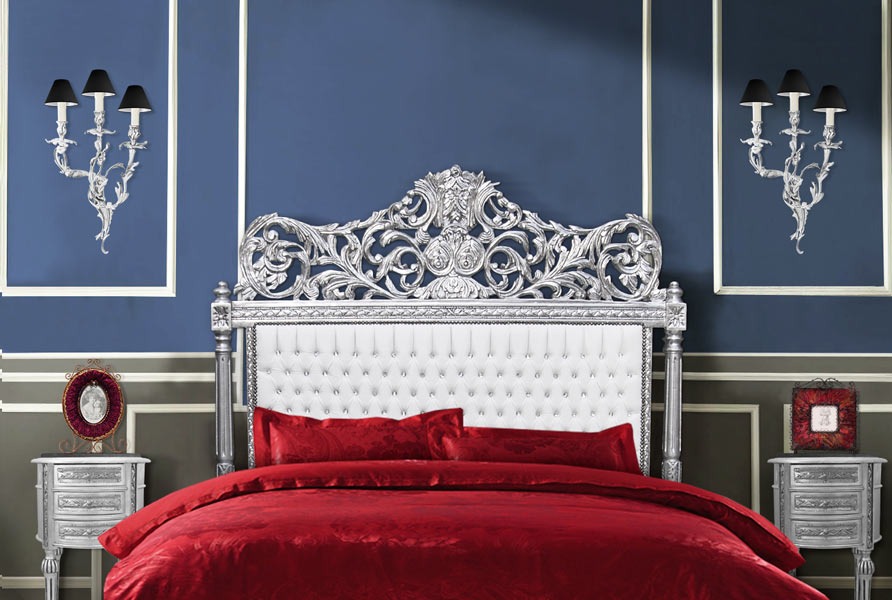 tête de lit baroque en simili cuir blanc avec cristaux et bois argenté Royal Art Palace